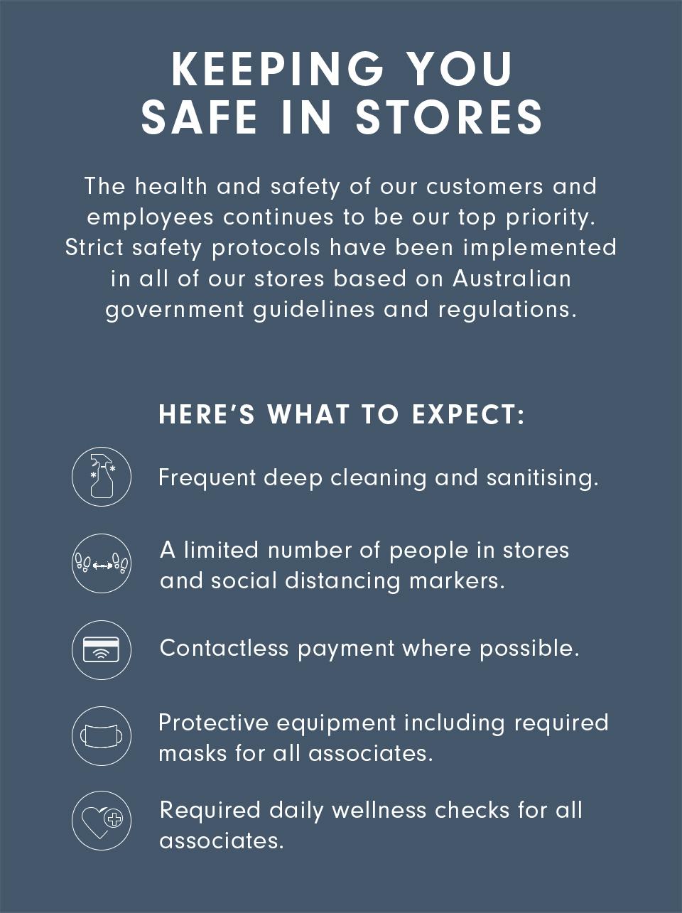 Keeping You Safe in Stores | The health and safety of our customers and employees continues to be our top priority. Strict safety protocols have been implemented in all our stores based on Australian government guidelines and regulations. | Here's What You Can Expect — Frequent deep cleaning and sanitising; a limited number of people in stores and social distancing markers; contactless payment where possible; protective equiprment including required masks for all associates; required daily wellness checks for all associates.